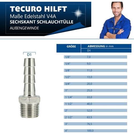 Tecuro Schlauchnippel Schlauchstutzen Edelstahl V4A AISI 316 AG 1 4