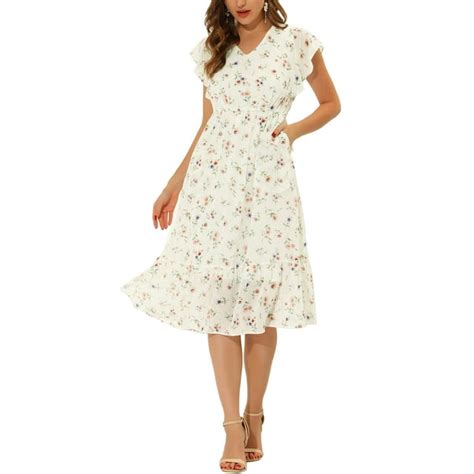 Allegra K Womens Floral Chiffon Elastic Waist V Neck Ruffled Hem Dress