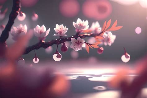 Cherry Blossom And Water Drops Lighting Natural Pink Blur Branch