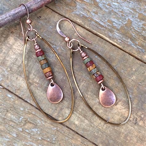 Dangle Boho Earrings Copper Hoop Earrings Red Creek Jasper Stone