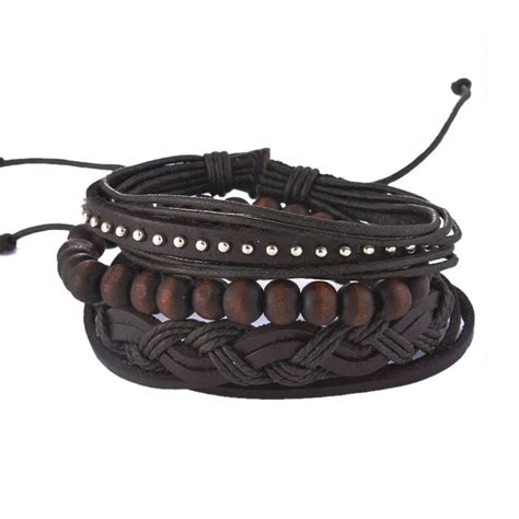 Mjartoria Multilayer Leather Bracelets For Women Wood Bead Bracelet Men