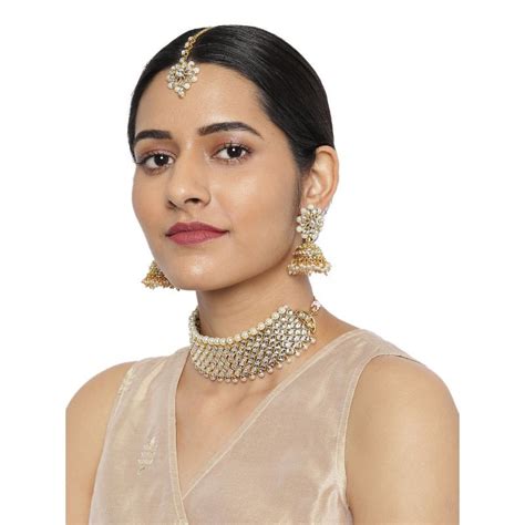 Zaveri Pearls Gold Tone Kundan And Pearls Choker Necklace Earring And Maangtikka Set Zpfk8880