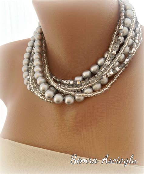 Handmade Chunky Bridal Silver Pearl Necklace With Sparkle Gray Etsy Pearl Necklace Designs