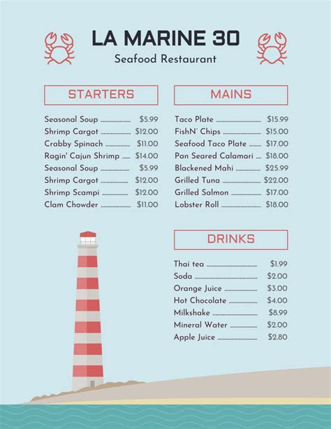 Light Blue Minimalist Illustration Seafood Menu Venngage