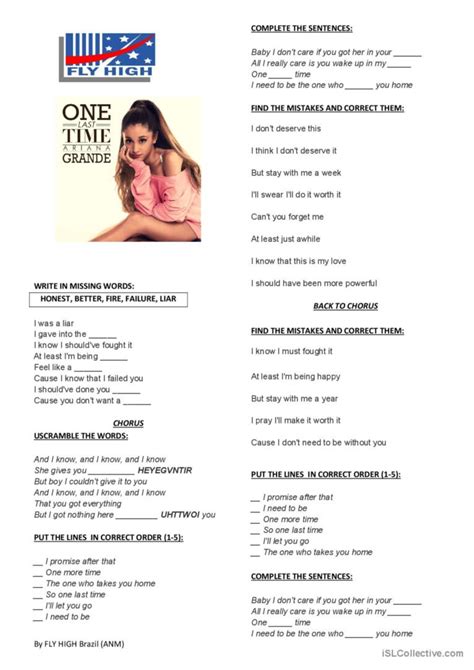 Ariana Grande One Last Time Song A English ESL Worksheets Pdf Doc