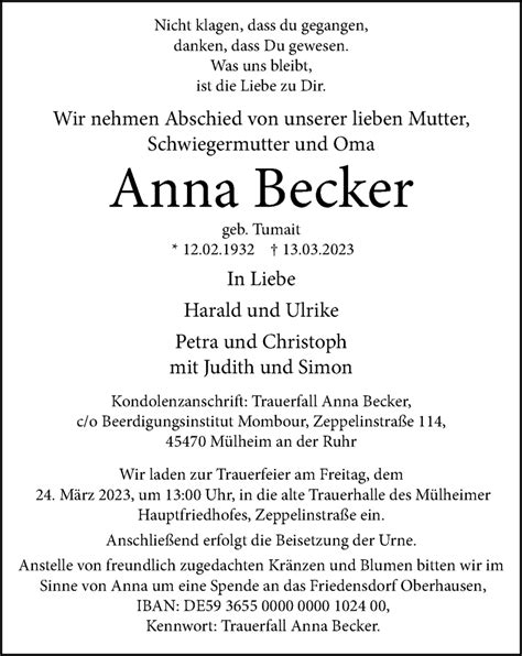 Traueranzeigen Von Anna Becker Trauer In Nrw De