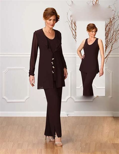 Ursula Brown Chiffon Pants Suit For Mother Of The Bride Scoop Neckline