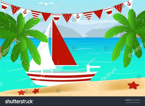 Beach Boat Ocean Cartoon Vector Illustration Stock Vector (Royalty Free ...