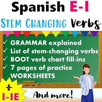 Spanish E I And I Ie Stem Changing Boot Verbs Grammar Worksheets