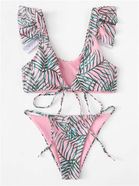 Leaf Print Ruffle Bikini Set SheIn Sheinside Halter One Piece