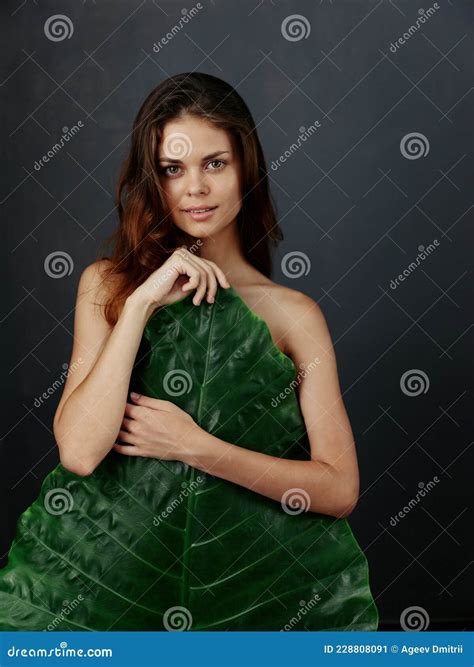 Attractive Woman Hiding Behind Palm Leaf Tropics Nude Body Stock Image