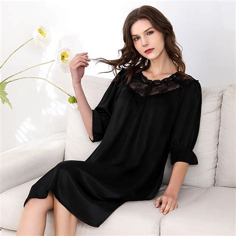 RealSilkLife Black Short Sleeve Silk Nightgown Lace