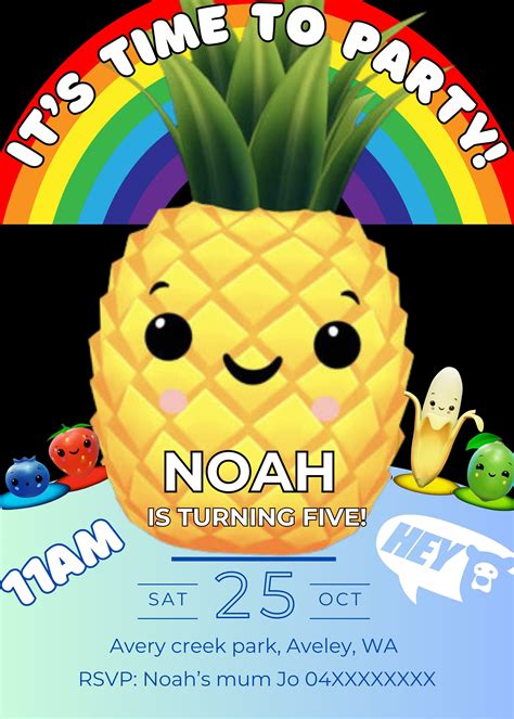 Hey Bear Sensory Birthday, Hey Bear Birthday Invitation, Dancing Fruit Party, Personalised ...