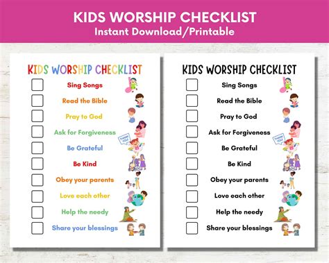 Sunday School Kids Worship Checklist Printable,church Activities for Kids Ministry,homeschool ...