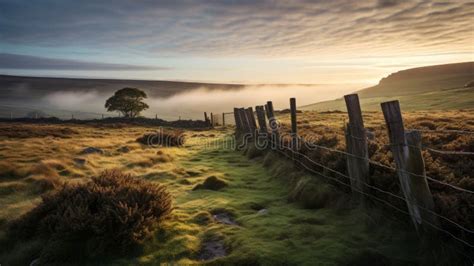Misty Morning Moor With Stone Fence Traditional British Landscape