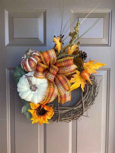 Fall Pumpkin Grapevine Wreath Autumn Sunflower Wreath Etsy