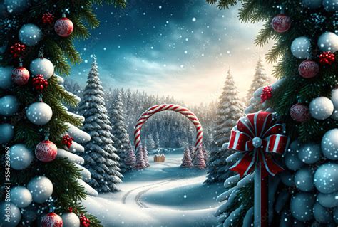 A Beautiful Merry Christmas Scene With A Festive Night Snow Background And A Winter Landscape A