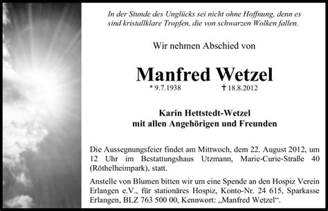 Traueranzeigen Von Manfred Wetzel Trauer Nn De