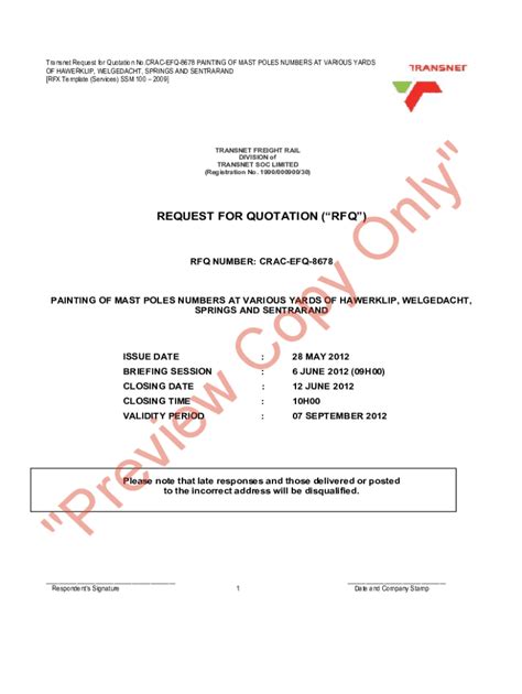 Fillable Online Request For Quotation Rfq Transnet Freight Rail Fax