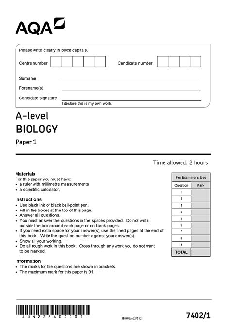 AQA A Level BIOLOGY Paper 1 Question Paper JUNE 2022 7402 1 Gcse