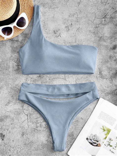 Zaful Ribbed Cutout One Shoulder High Leg Bikini Swimwear In Light Blue