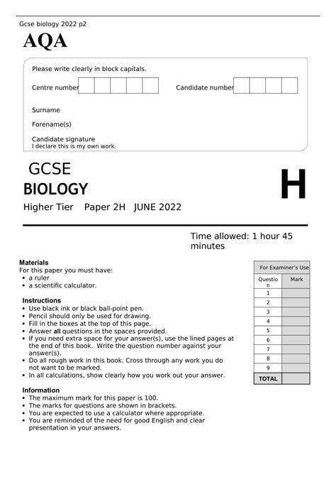 Aqa Gcse Biology H Paper Higher Tier June Question Paper