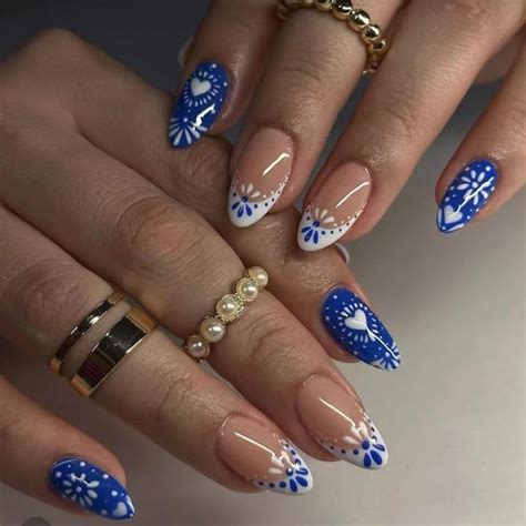 Pcs White French Tip Press On Nails Medium Almond WLGDLH Blue Fake Nails Nude Pink False