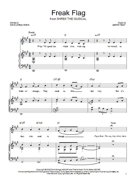 Shrek The Musical "Freak Flag" Sheet Music for Piano, Vocal & Guitar ...