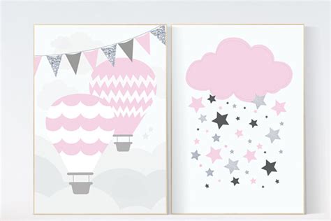 Baby Girl Nursery Print Set Hot Air Balloon Nursery Set Of Pink Nursery Nursery Wall Art