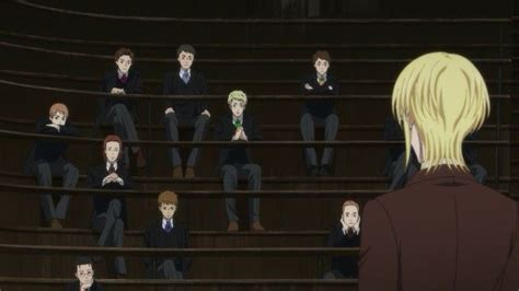 An Anime Scene With Many People Sitting On The Steps And One Person