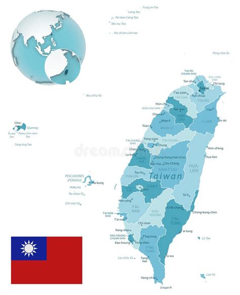 Mapa Administrativo De Taiwán Con Bandera Del País Y Ubicación En El