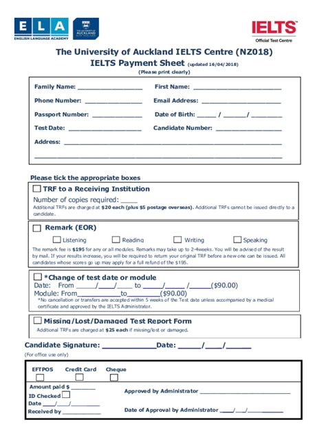 Fillable Online Ielts Payment Sheet The University Of Auckland Fax