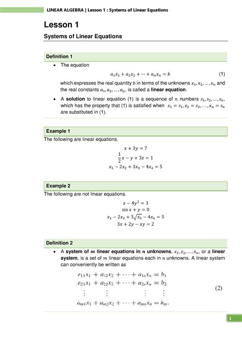 Linear Algebra Lesson 1 Systems Of Linear Equations Lesson 1 Systems Of Linear Equations