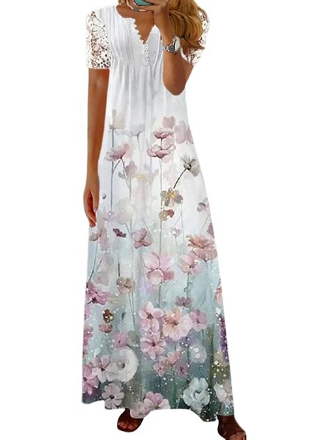 Avamo Ladies Long Dress Short Sleeve Summer Beach Sundress V Neck Maxi Dresses Kaftan Bohemian