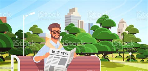 Businessman Holding Newspaper Reading Daily News Press Mass Media Concept Man Sitting On Wooden