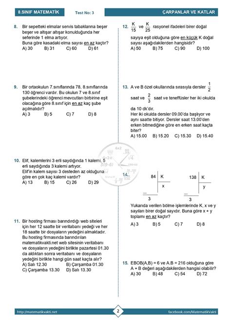 S N F Ebob Ekok Problemleri Testi Pdf Ndir Matematik Vakti