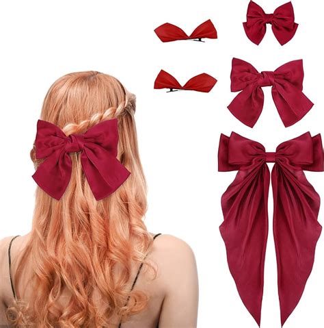 Pack Of Red Hair Bow Hair Clips Womens Hair Bow Hair Clips Silk Satin