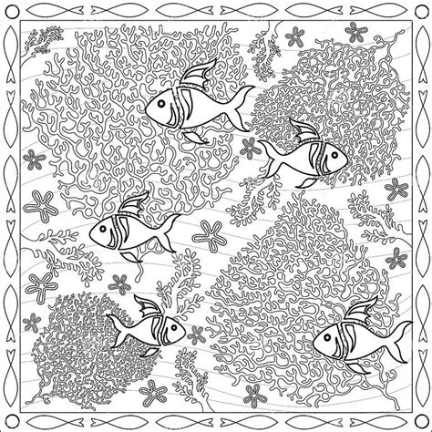 Coloring Page Book For Adults Square Format Coral Fish Underwater