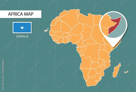 Somalia map in Africa zoom version, icons showing Somalia location and ...