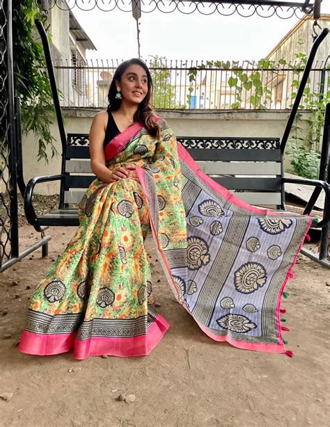 Beautiful Tusser Silk Kalamkari Zari Weaving Saree Vjt Or Kalamkari