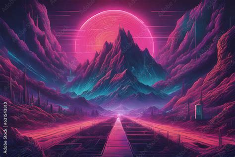 Neon Glowing Sun And Neon Sky With Big Neon Mountain Synthwave