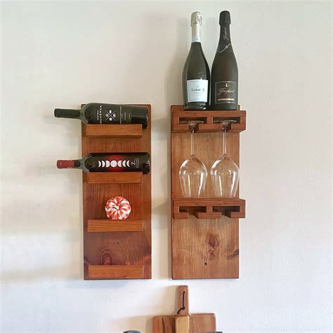 Wall Mounted Wine Rack & Glass Holder | Rustic Wood, Tiered Shelf Wine ...