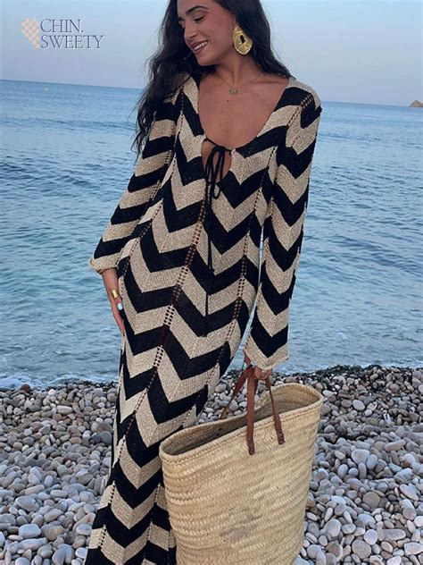 Women Elegant Contrast Stripe Knitted Long Dress Sexy V Neck Hollow Out