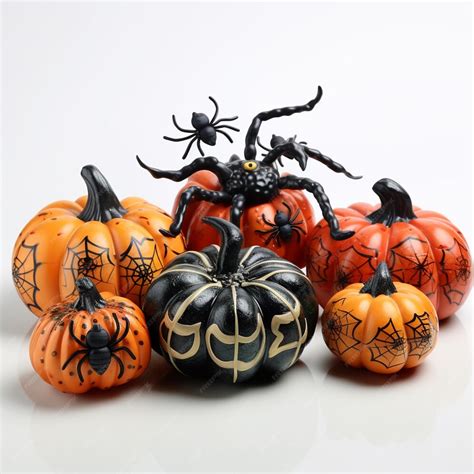 Premium Ai Image Decorative Halloween Pumpkins And Spiders On White Background