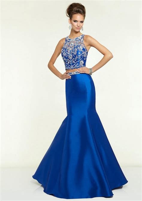 2015 Royal Blue Two Pieces Prom Gowns Mermaid Crew Sequins Beads Crystals Sheer Neck Sleeveless