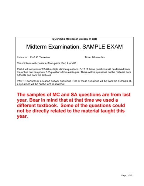 MCB2050 W20 Midterm Sample Exam MCB 2050 Molecular Biology Of Cell