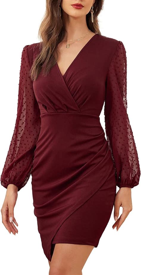 JASAMBAC Sheer Cocktail Dresses For Women V Neck Long Bishop Sleeve