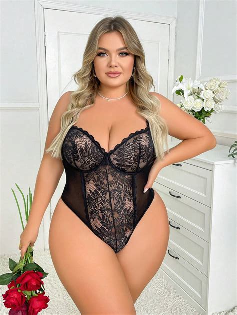 SHEIN Valentine S Day Plus Size Women S Sexy Lace Bodysuit SHEIN USA