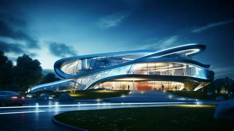 futuristic office building with steel and glass illuminated 32939431 ...