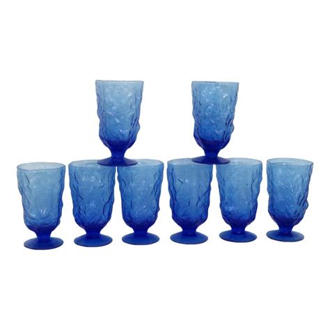 Anchor Hocking Cobalt Blue Lido Milano Set Of 8 Footed Crinkle Goblet Cups Chairish